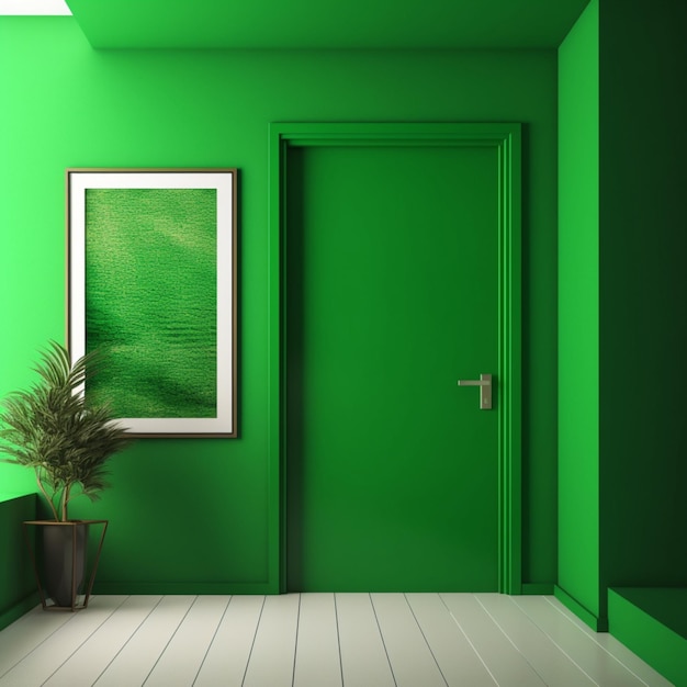 Una habitación verde con una puerta verde y una planta en el lado derecho.