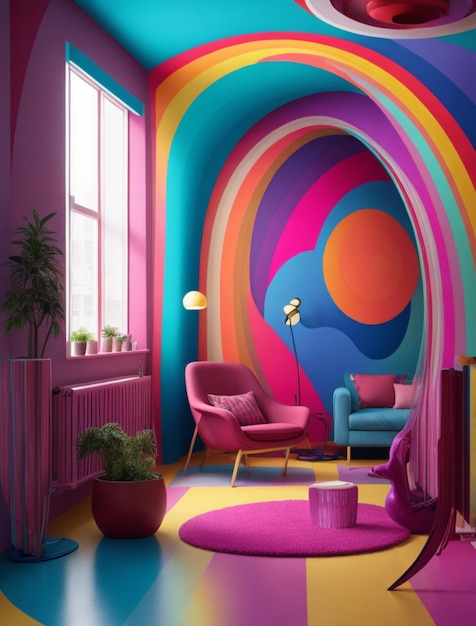 Una habitación vibrante con muebles coloridos y tonos brillantes