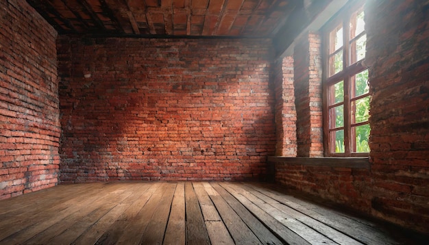 Una habitación con una vieja pared de ladrillo rojo y un piso de madera natural La habitación está vacía y tiene mucha luz natural entrando por la ventana