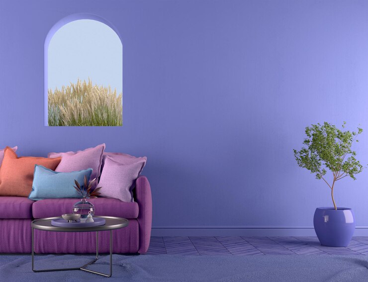 Habitación violeta Very Peri Sofá con cojines y ventana de arco Interior de diseño moderno