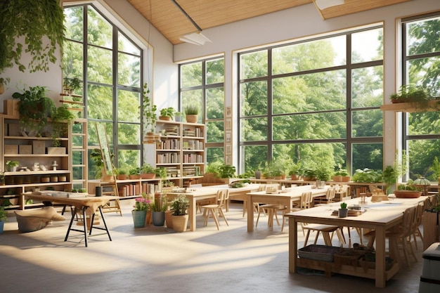 una habitación con vista al bosque y una librería.