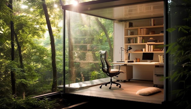 Una habitación con vista al bosque.