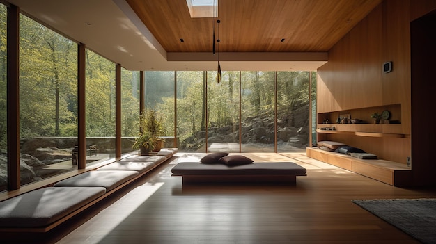 Una habitación con vista al bosque.