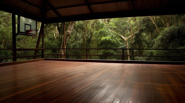 Una habitación con vista al bosque.