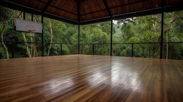 Una habitación con vista al bosque.