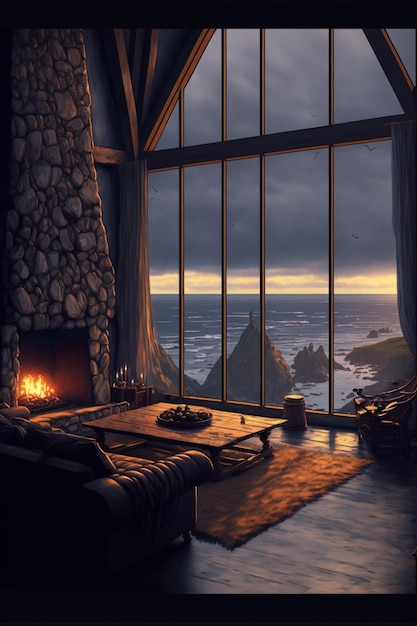 Una habitación con vista al mar y chimenea.