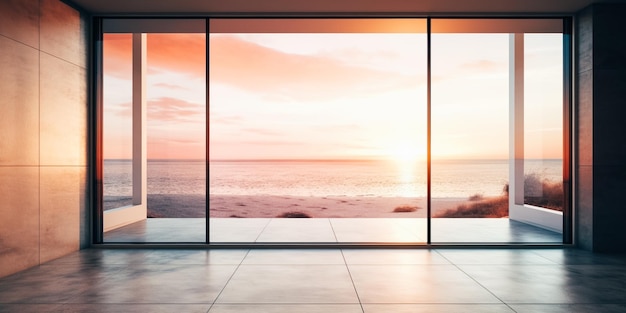 Una habitación con vista al mar y un gran ventanal que dice 'playa'