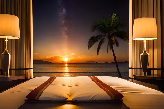 Foto una habitación con vista al mar y palmeras.