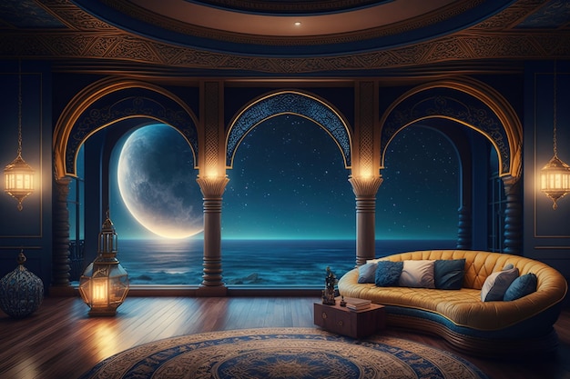 Una habitación con vista al mar y un sofá con una luna de fondo, ai generado