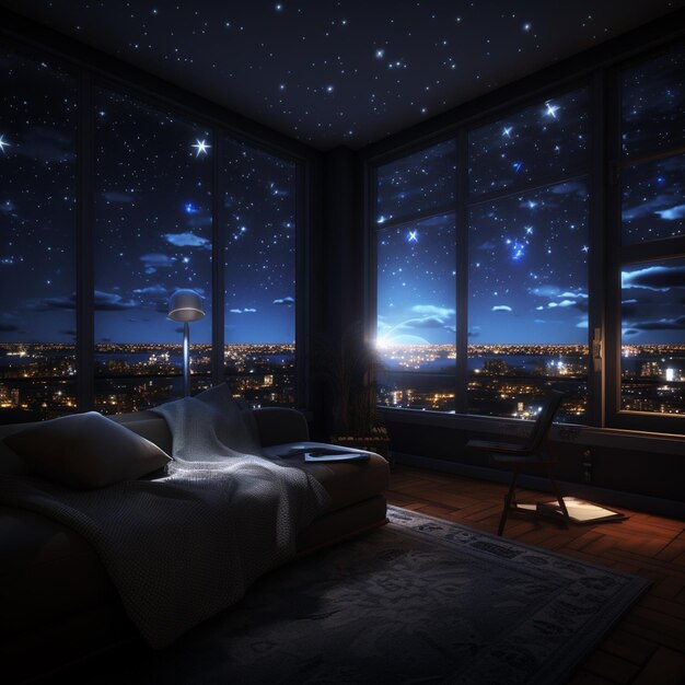 Foto una habitación con una vista celestial