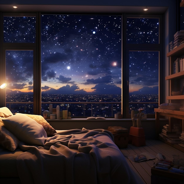 Foto una habitación con una vista celestial
