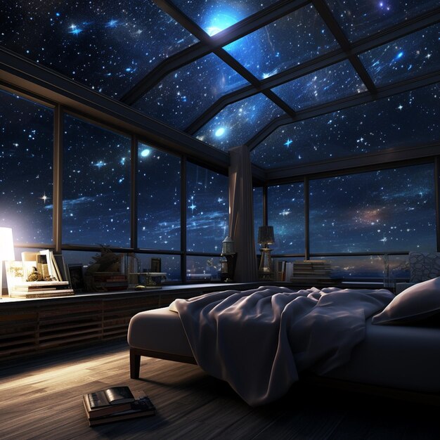 Foto una habitación con una vista celestial