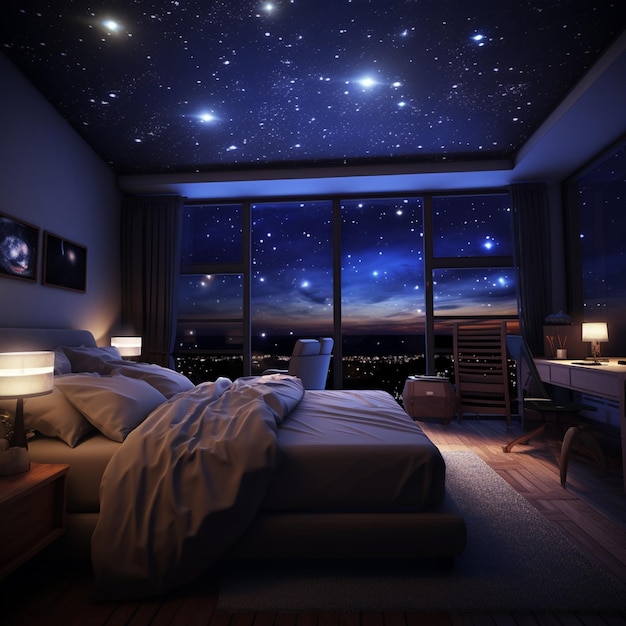 Foto una habitación con una vista celestial