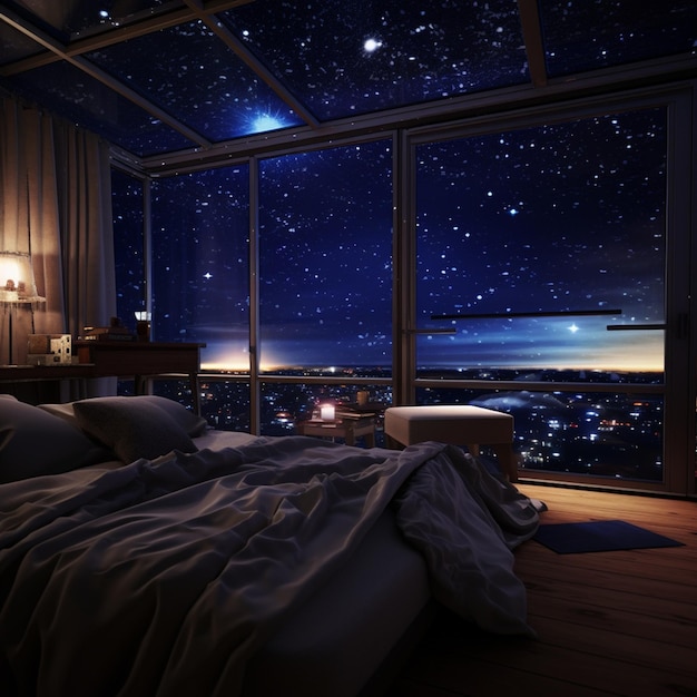 Foto una habitación con una vista celestial