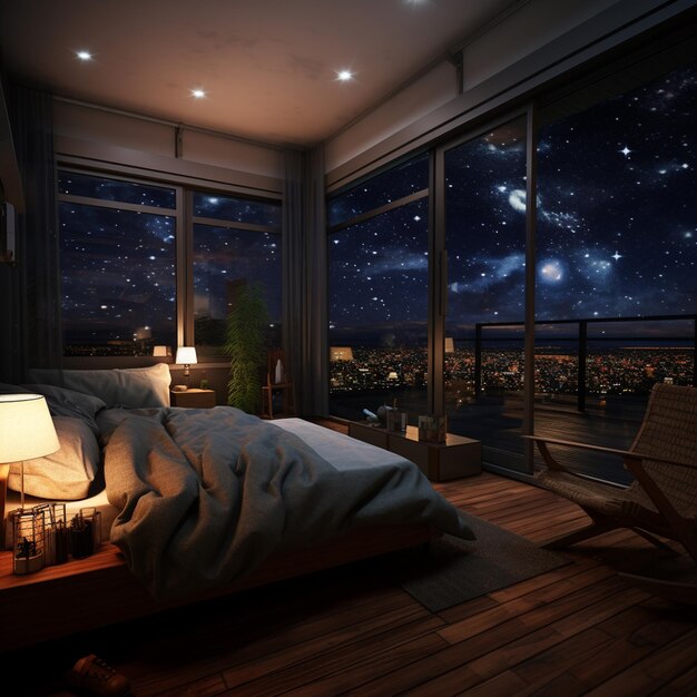 Foto una habitación con una vista celestial