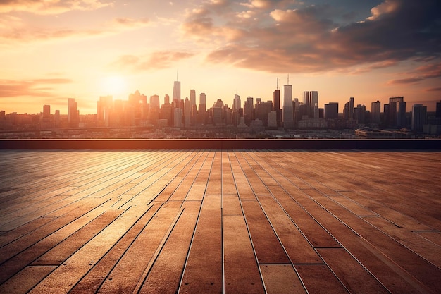 Una habitación con vista a la ciudad al atardecer