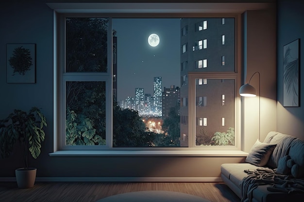 Una habitación con vista a la ciudad de noche