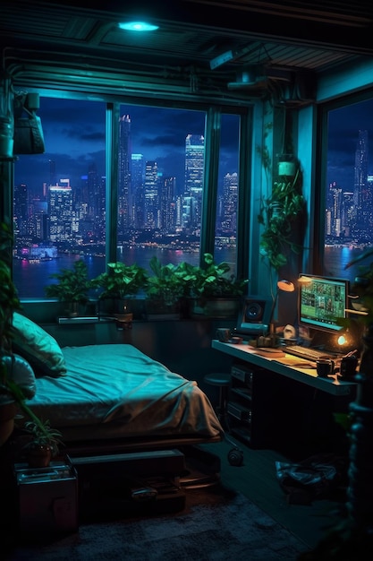 Una habitación con vista a la ciudad de noche.