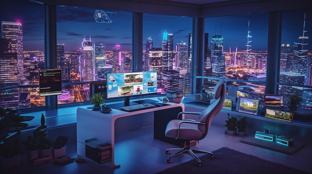 Una habitación con vista a una ciudad de noche.