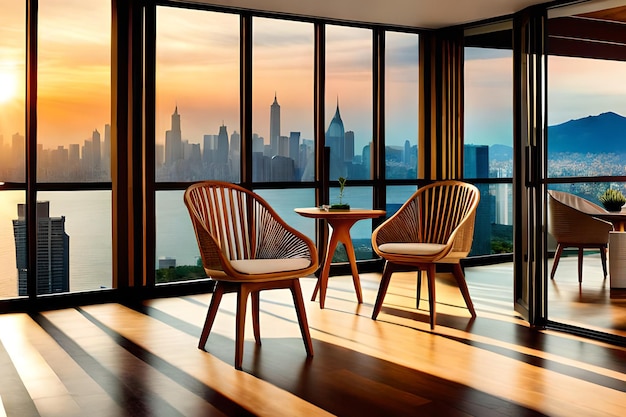 Una habitación con vista a una ciudad y una silla.