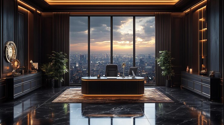 una habitación con vista a la ciudad