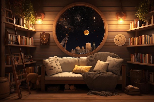 una habitación con vista a las estrellas y la luna.