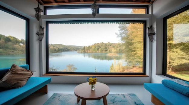 Una habitación con vista a un lago y una ventana que dice vista al lago.