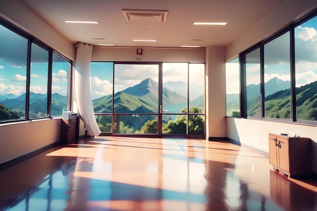 Foto una habitación con vista a una montaña y un letrero que dice 