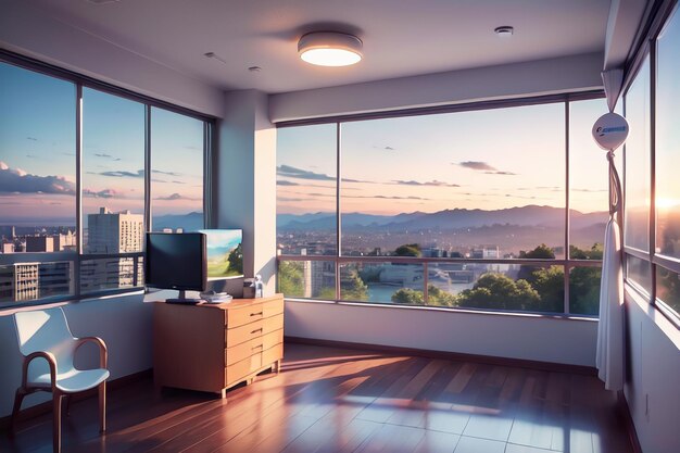 Una habitación con vista a una montaña y una ventana con luz