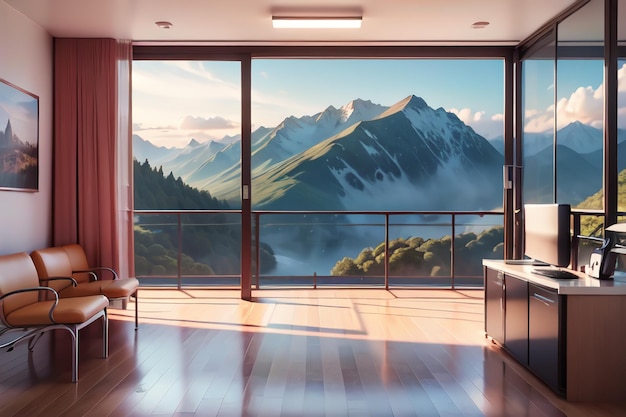 Una habitación con vista a la montaña y una ventana que dice "la vista es desde el balcón".