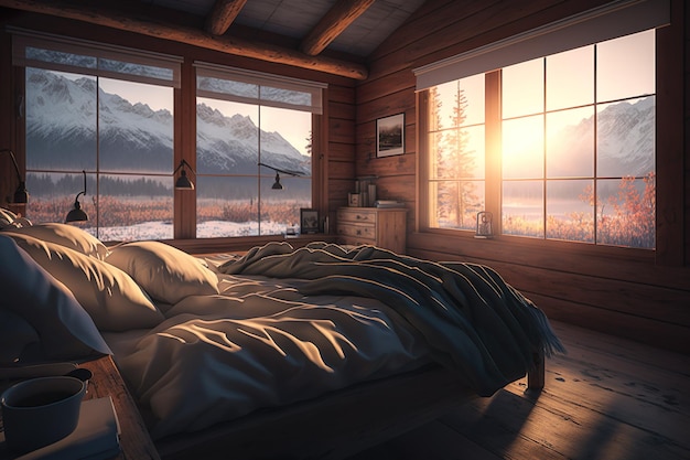 Una habitación con vista a las montañas y al sol.