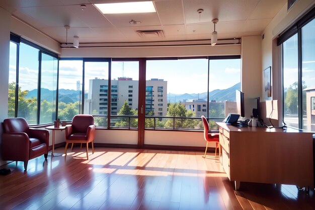 Foto una habitación con vista a las montañas a lo lejos.