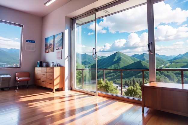 Una habitación con vista a las montañas y piso de madera.