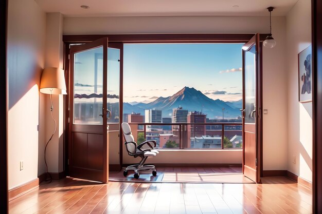 Una habitación con vista a las montañas y una silla.