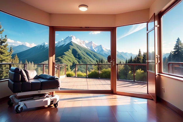 Una habitación con vista a las montañas y sillón de masajes.