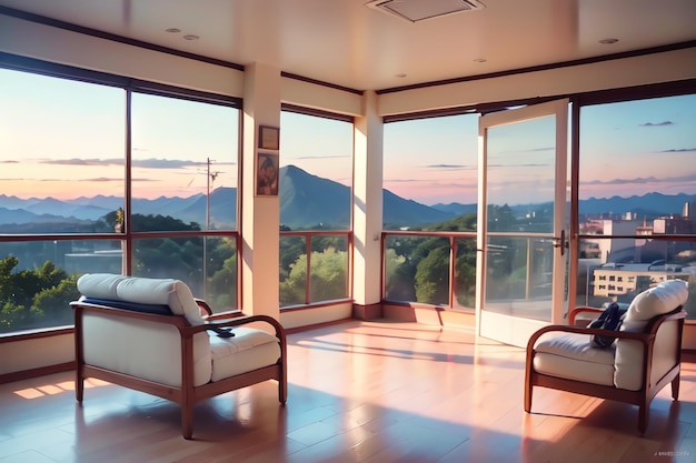 Foto una habitación con vista a las montañas y una ventana con vista a las montañas.