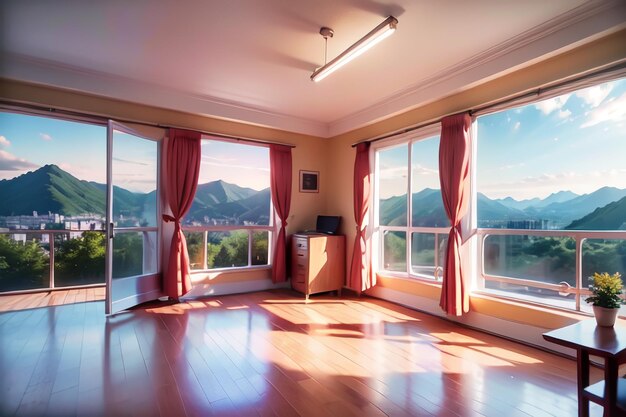 Foto una habitación con vista a las montañas y una ventana.