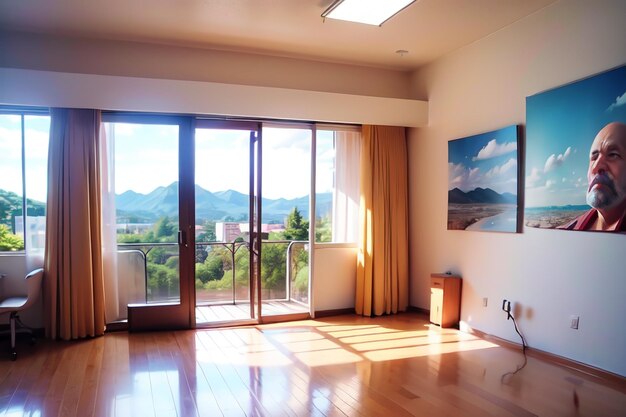 Foto una habitación con vista a las montañas y ventana.