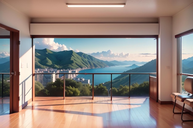 Una habitación con vista a las montañas y vista al mar.