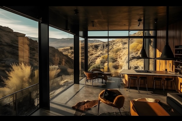 Una habitación con vista a las montañas.