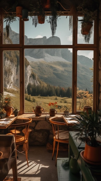 Una habitación con vista a las montañas.