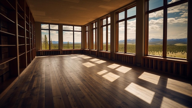 Una habitación con vista a las montañas.