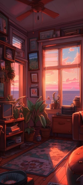 Una habitación con vista y una ventana con una planta.