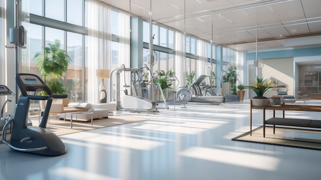 una habitación con vistas al gimnasio y un banco con vistas al exterior