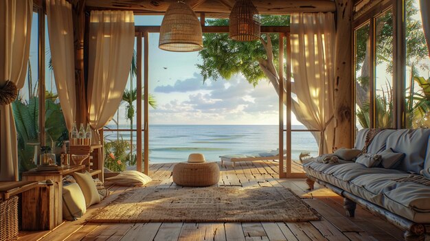 una habitación con vistas al océano y una vista al océano