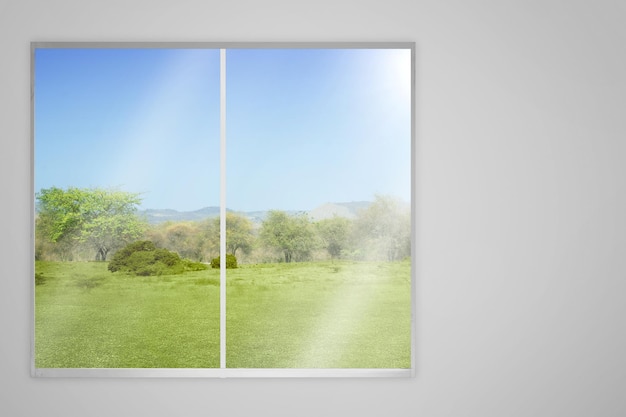 Habitación con vistas al prado y al cielo azul desde el cristal de la ventana