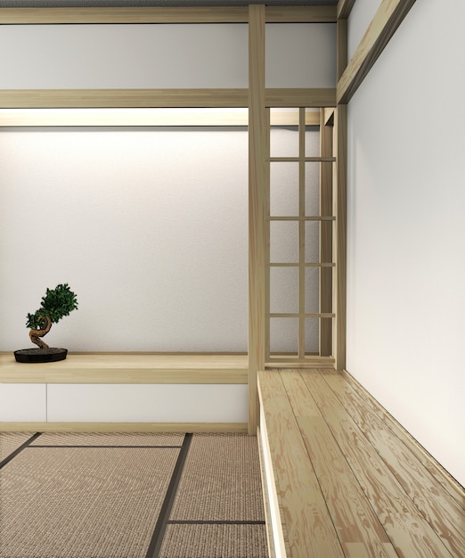 Habitación zen vacía de estilo muy japonés con suelo de tatami y suelo de mezcla de madera. Renderizado 3D