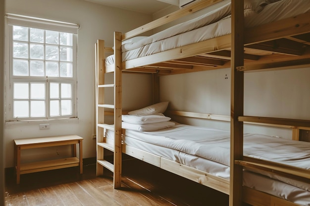 Foto habitaciones de albergue con camas de madera, ropa de cama blanca, luz natural por la ventana.