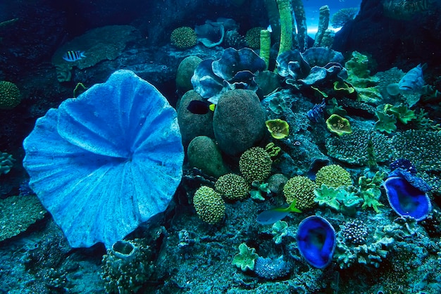 Habitantes del mar en acuario vista a través del cristal Mundo submarino en miniatura