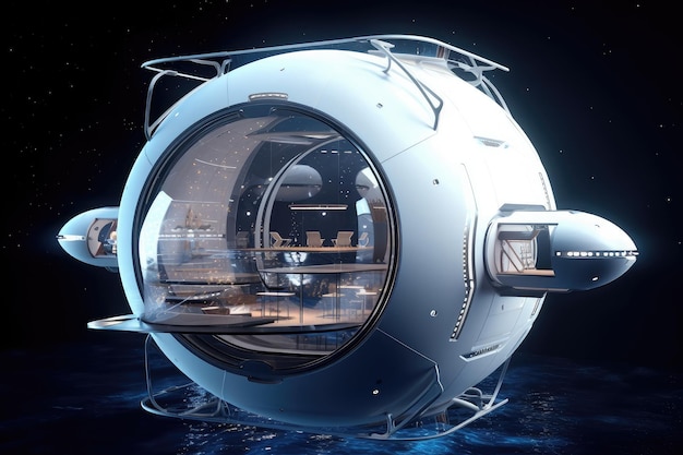 Un hábitat espacial futurista con un diseño elegante y minimalista flotando entre las estrellas
